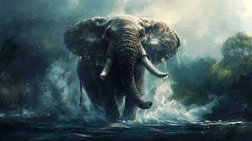 Storm-forged elephant surges through mist and river fury.