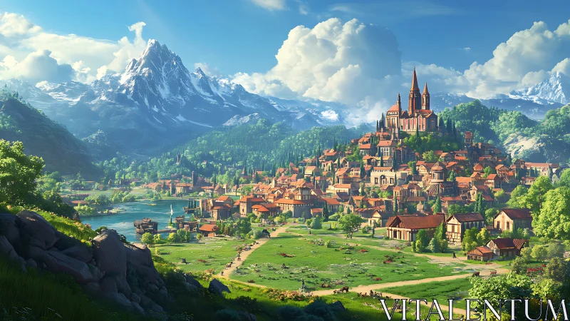 Fantasy hilltop citadel with alpine valley town, panoramic view.