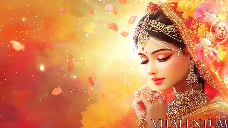 Bridal portrait in ornate jewelry against glowing petals.