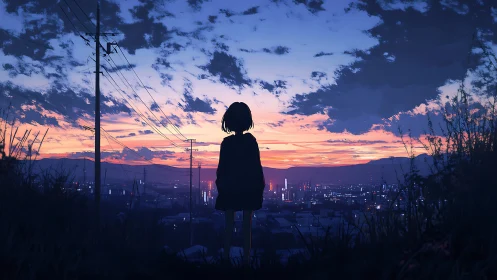 Quiet horizon watcher over neon-dusted twilight cityscape.