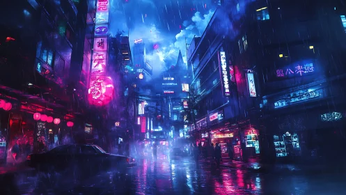 Rain-soaked neon street in dense futuristic city at night.