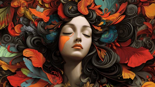 Surreal portrait of woman with swirling floral forms.