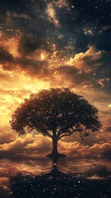 Lone celestial tree stands glowing beneath a star-swept sky