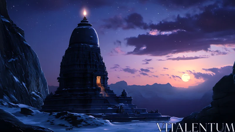 Luminous mountain shrine under twilight stratified atmosphere.