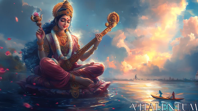 Riverborne goddess of melody cradles a glowing twilight sky.