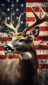 Whitetail deer portrait set before worn American flag backdrop.