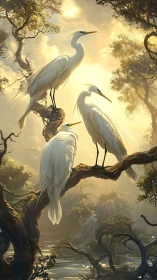 Sunlit egrets poised on twisted mangrove branches at dawn.