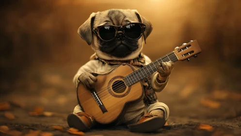 Cool pug serenade with a tiny guitar at golden sunset.