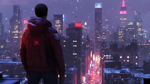 Spider-hooded vigilante surveys neon city skyline at dusk.