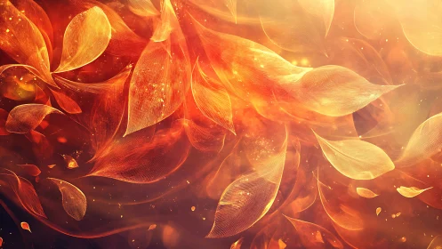 Luminous ember petals drifting through radiant golden haze.