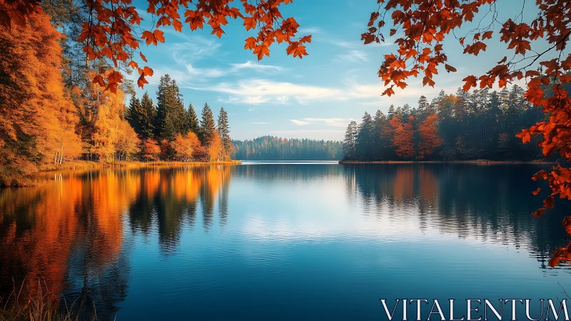 Lake reflects dense autumn forest and bright blue sky clearly