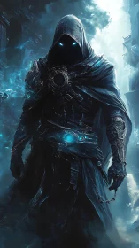 Hooded voidwalker strides through blue arcane stormlight.