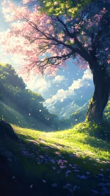 Digital landscape shows flowering tree on sunlit mountain slope