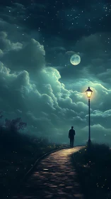 Silhouette walks under moonlit sky beside glowing lamppost