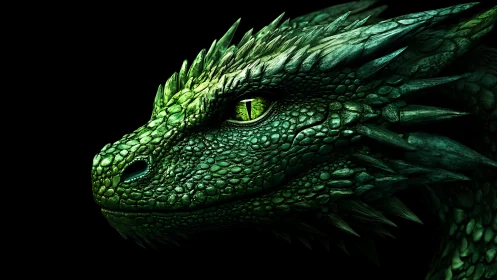 Lateral close-up of intricately scaled emerald dragon head profile.