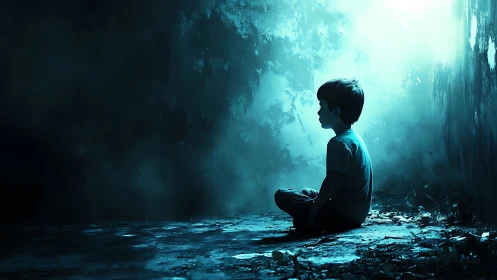 Solitary child seated in dim corridor under blue light.
