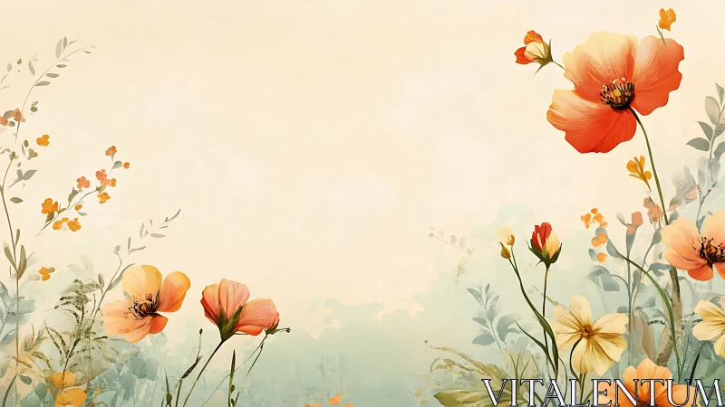 Botanical Watercolor Composition: Red and Orange Poppies Against Soft Cream Ground.