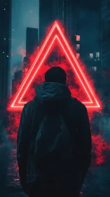 Lone figure before glowing red triangle in dark city.