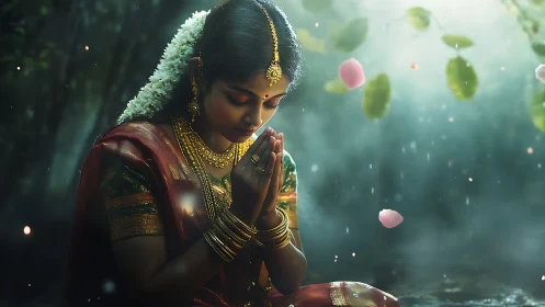 Young Indian woman in traditional dress praying outdoors.