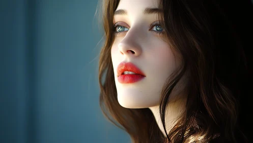 Sunlit reverie on porcelain skin and flame red lips.