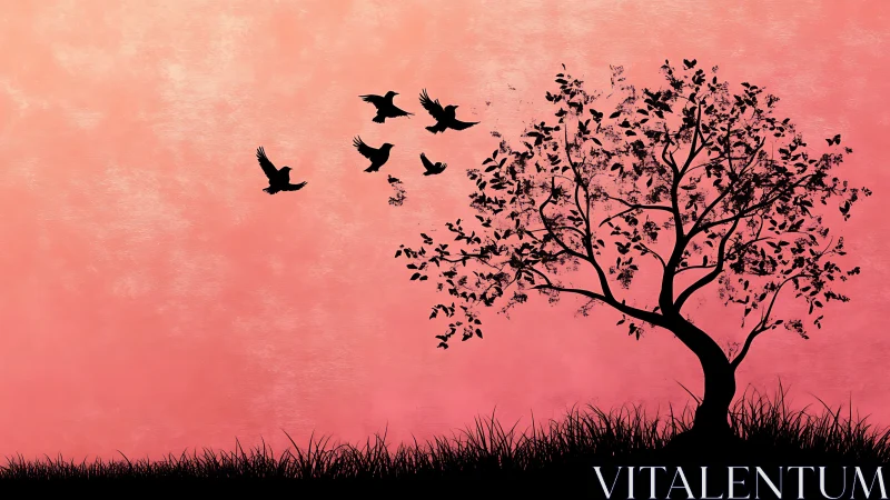 Silhouetted birds departing lone tree at soft pink dusk.