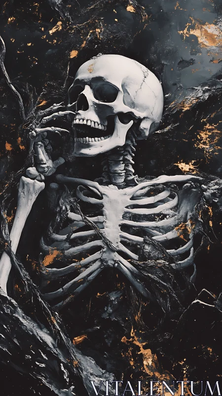 Marbled skeletal figure amid molten gold flecked darkness.