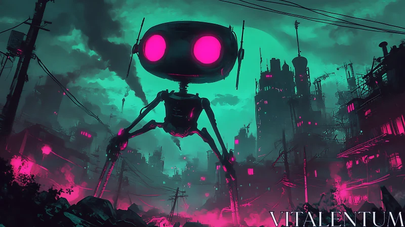 Giant neon-eyed robot in dystopian cyberpunk cityscape.