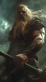 Bearded armored warrior with axe under stormy sky.