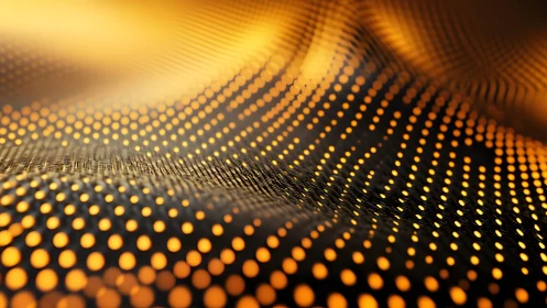 Abstract golden wave of glowing dots in futuristic digital art style.