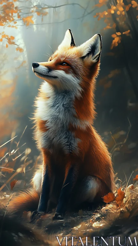 Digital rendering shows red fox sitting in soft forest light