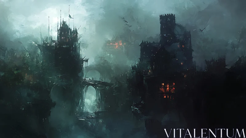 Misty gothic fortress glows with warm lights in deep fog