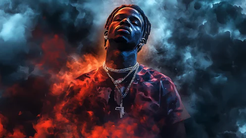 Neon-lit hip-hop portrait in fiery blue atmospheric clouds.