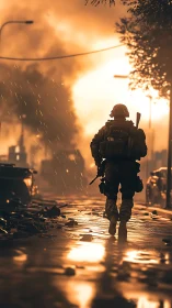 Soldier walks down ruined city street under burning sky