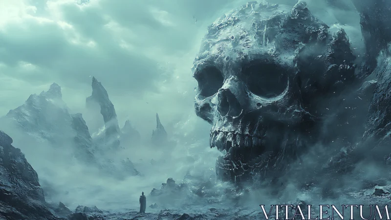 Colossal stone skull formation within icy foggy canyon.
