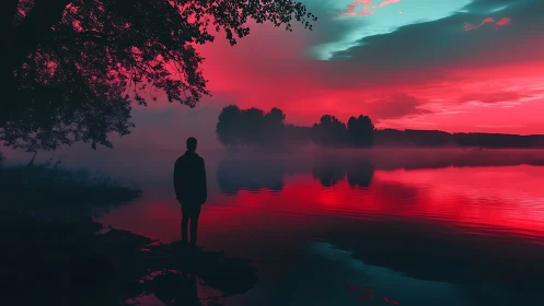 Silhouette by reflective lake under red cyan twilight sky.