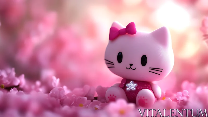 Blush-pink toy kitten dreams among floating cherry petals.
