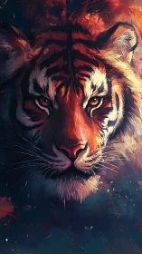 Fierce tiger face emerges from fiery abstract shadows.