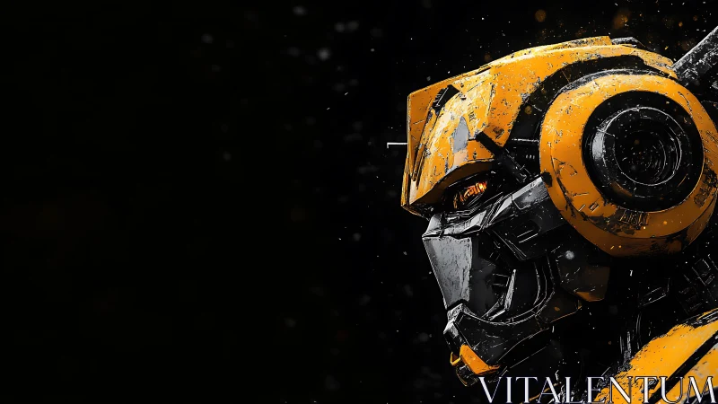Yellow armored robot portrait against deep black void.