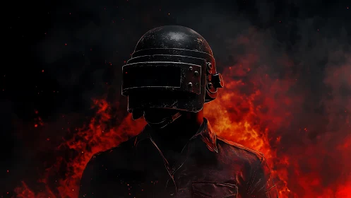 Armored tactical operator silhouette in incendiary red flames
