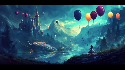 Enchanted riverside castle with luminous balloons at dusk.