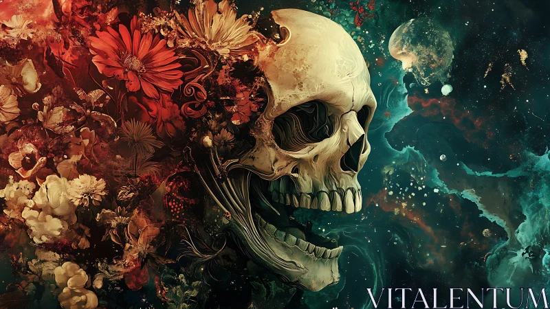 Human skull dissolves into blooming flowers and cosmic void