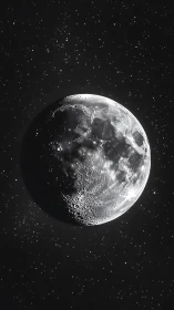 Luminous half moon amid dense starlit cosmic field.