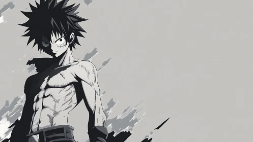 Brooding anime fighter standing strong in grayscale silence.