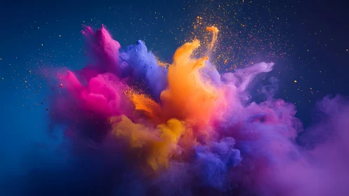 Vibrant pigment explosion forms dynamic abstract chromatic cloud