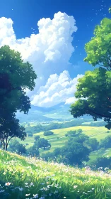 Sunlit valley meadow drifting beneath towering summer clouds.