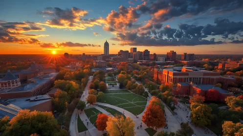 Sunset aerial of urban campus quad with autumn foliage glow.