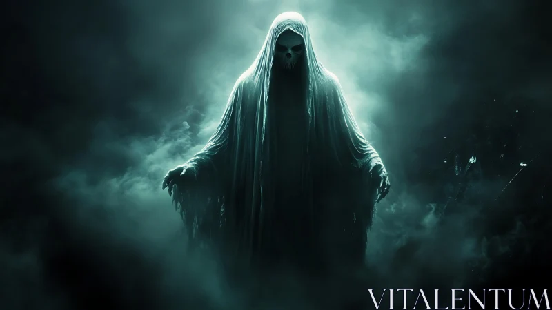Veiled specter rising through swirling emerald mist.