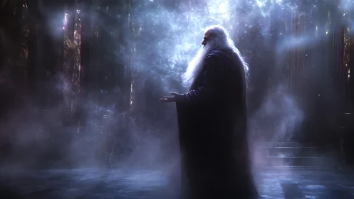 Elder robed figure in misty chamber under diffuse light.