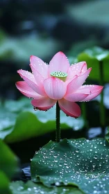 Macro study of dewy pink lotus on verdant aquatic plane.