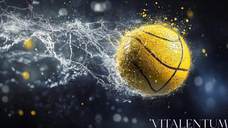 Dynamic yellow basketball splashing through high-speed water.